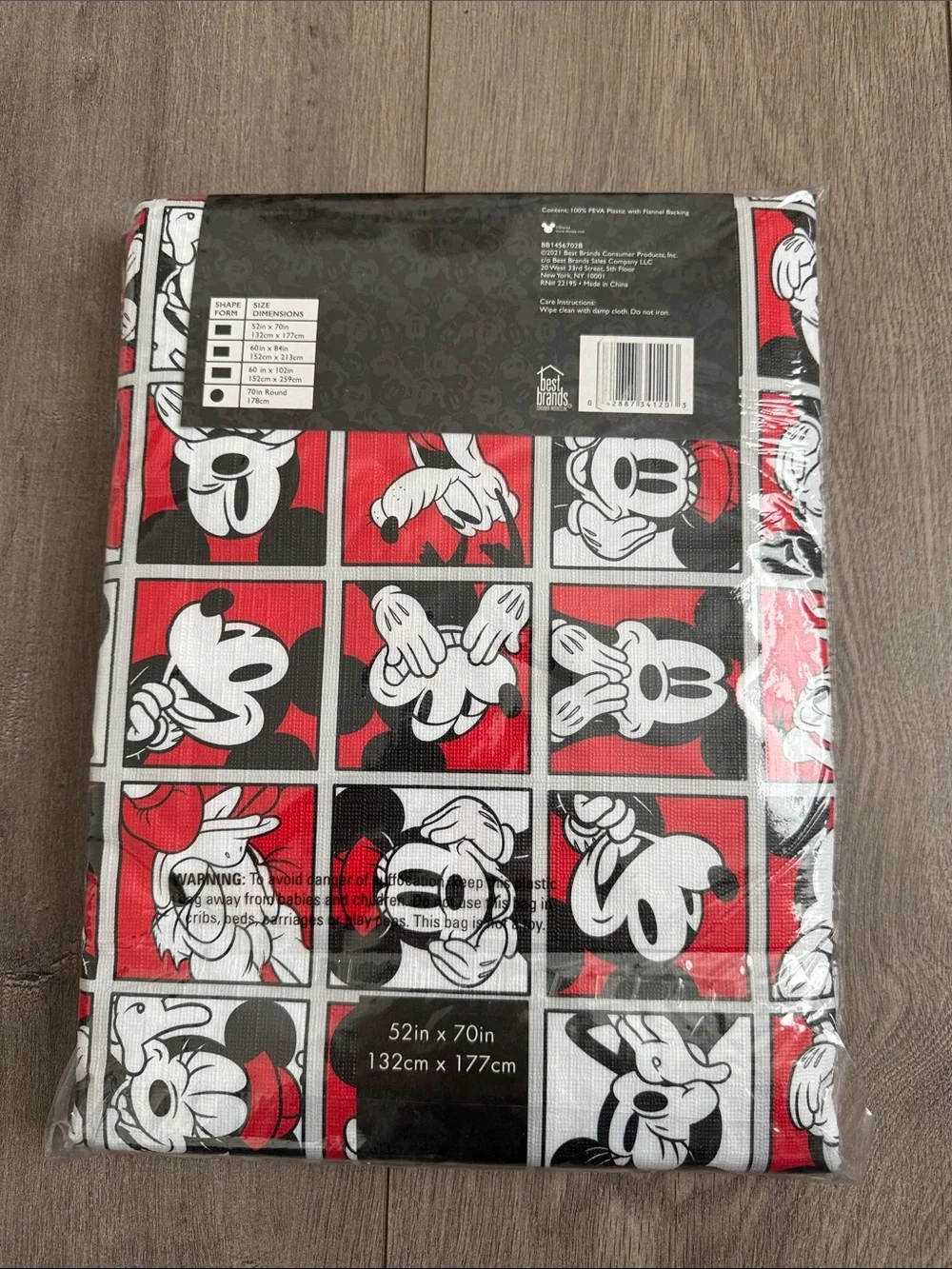Disney Mickey Mouse Red Black White PEVA Flannelback Tablecloth